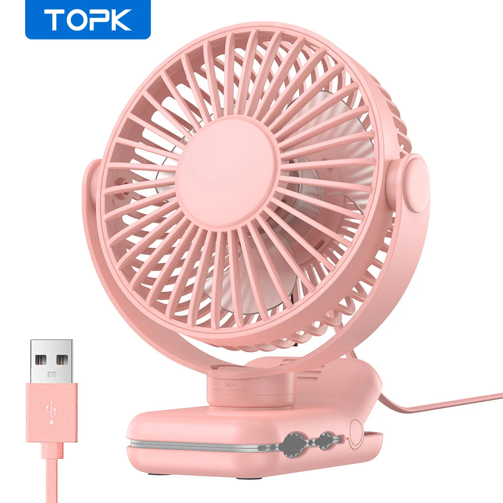 TOPK K62B Small Portable Clip Fan USB Desk Fan with 3 Speeds Strong Airflow, 720° Rotation, Ultra-Quiet, Desk Fans for Home/Offi