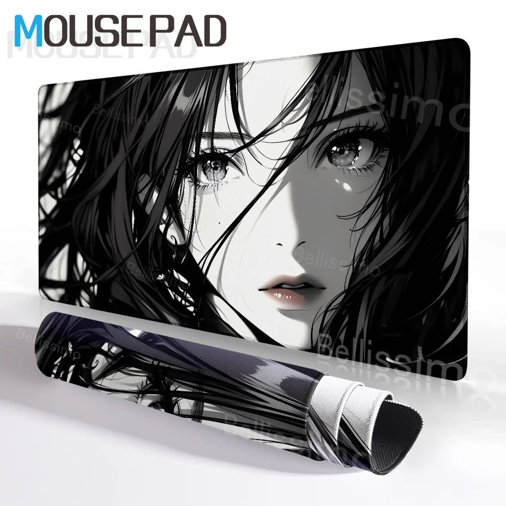 New Black and White Anime Girl Mousepad Large Mouse Pad Office Keyboard Edge Locking Desk Mat PC Gamer Accessories Non-slip Mat