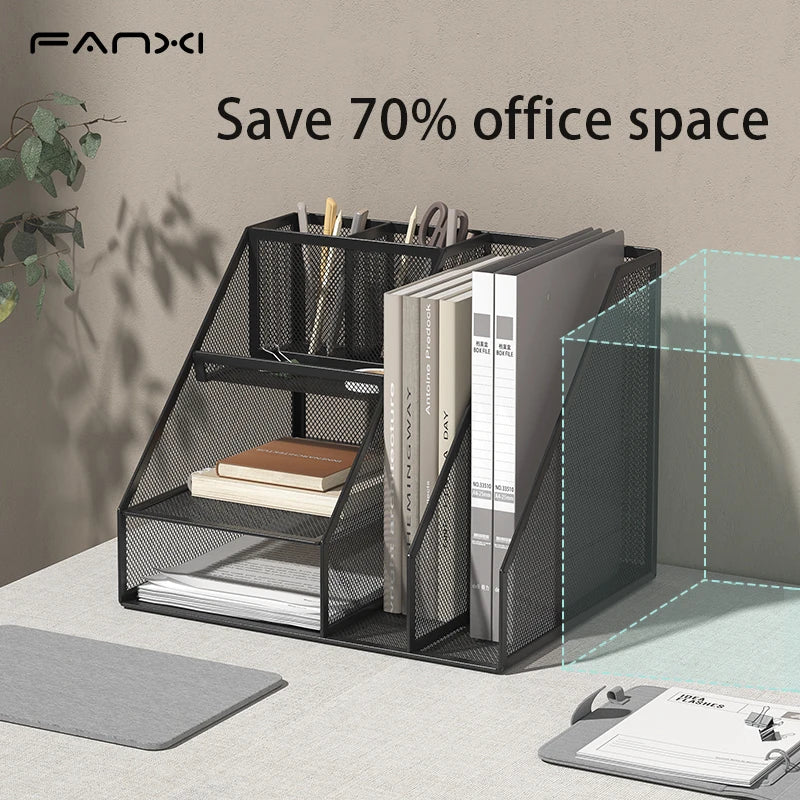 Desk Organizer with File Holder, Desk Organizers with 3 Tier Letter Trays and 2 Pen Holders, Mesh Desk Accessories & Workspace