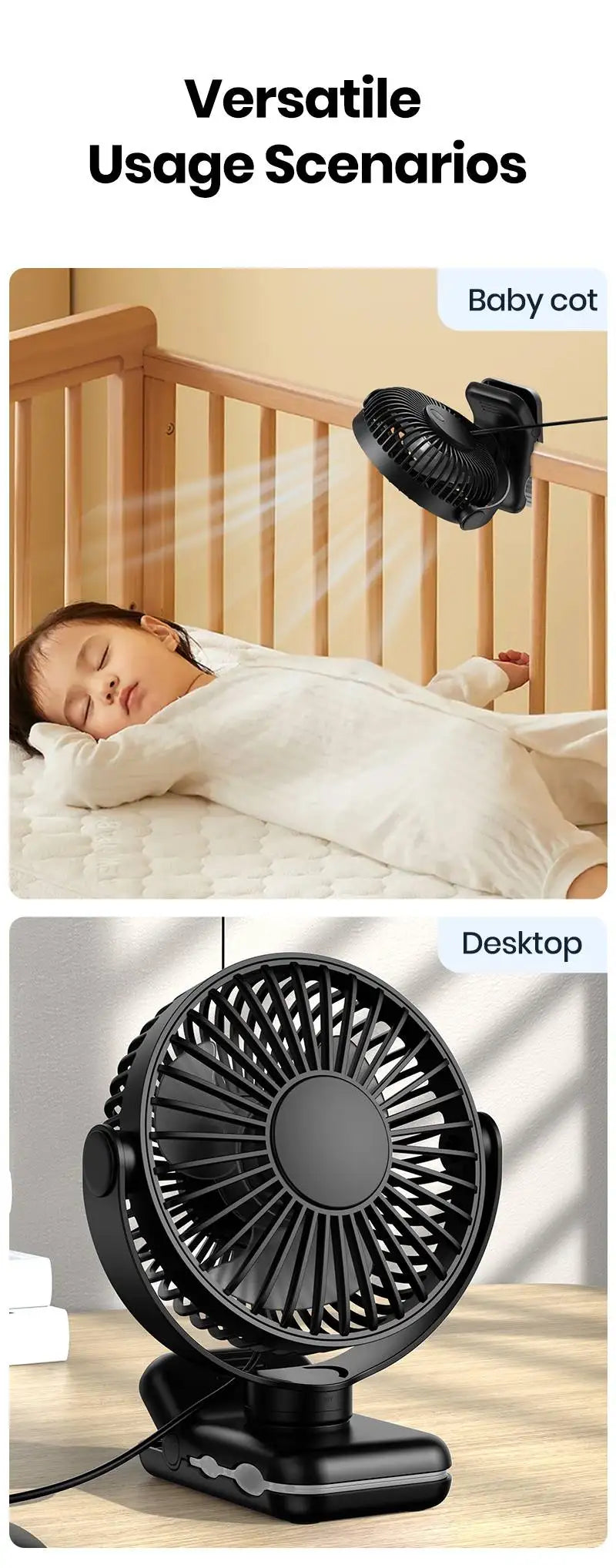 TOPK K62B Small Portable Clip Fan USB Desk Fan with 3 Speeds Strong Airflow, 720° Rotation, Ultra-Quiet, Desk Fans for Home/Offi