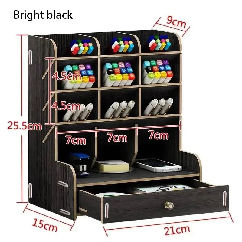 Wooden Desk Organiser DIY Desktop Tidy Pen Holder Large Capacity Stationery Storage Box with Drawer for Home Office and School