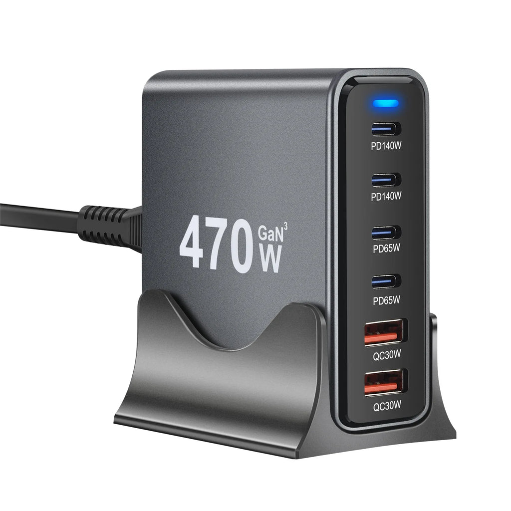 470W 6-Port GaN Desktop Charger - 4C2A USB-C PD Fast Charge for Phones, Tablets & Laptops