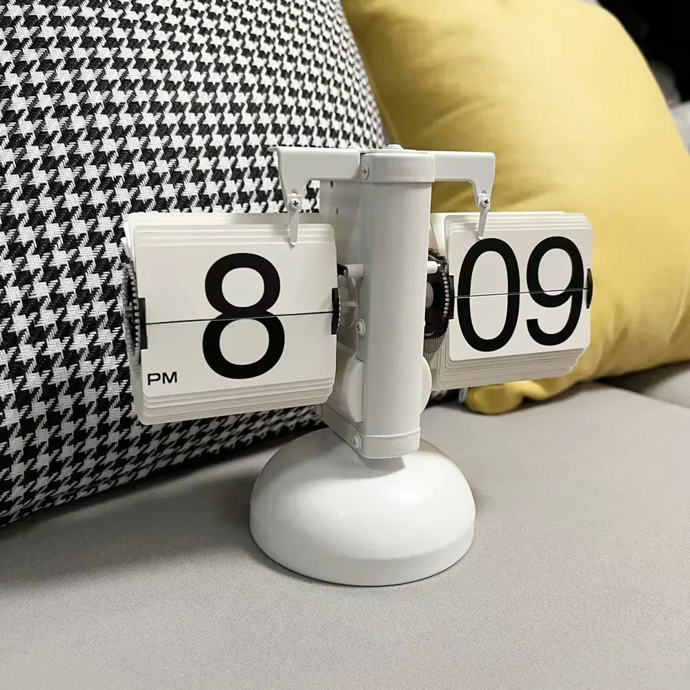 Table Clock 12H/24H Mechanical Automatic Page Turning Clock Retro Ornaments Living Room Bedroom Office Desktop Decoration