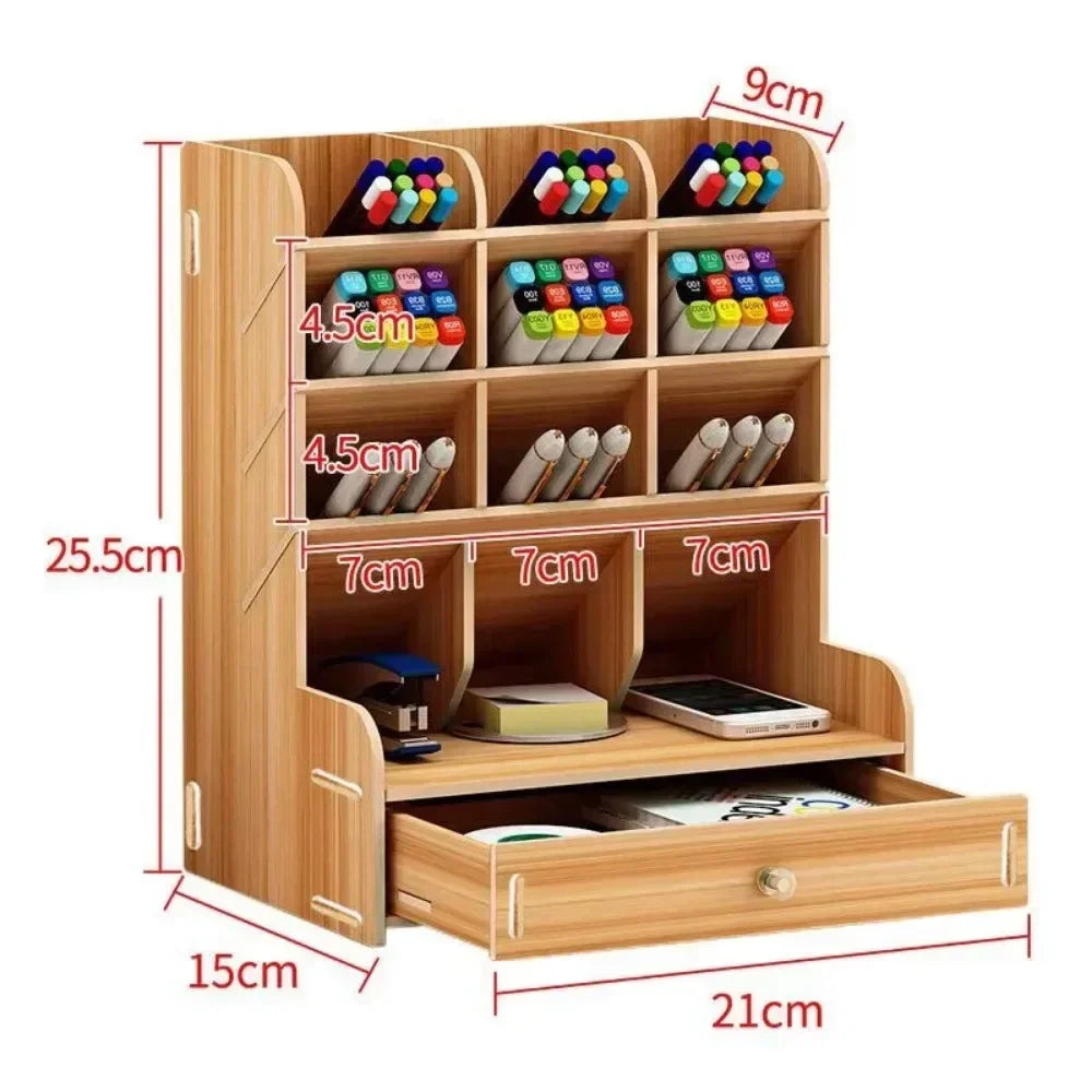 Wooden Desk Organiser DIY Desktop Tidy Pen Holder Large Capacity Stationery Storage Box with Drawer for Home Office and School