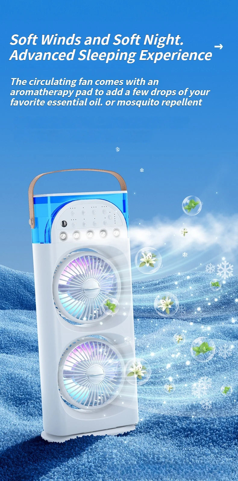 2025 5-Port Mist Fan - Desk Fan with Oscillation, Cooling, Aromatherapy, Colorful LED Lights, and Timer