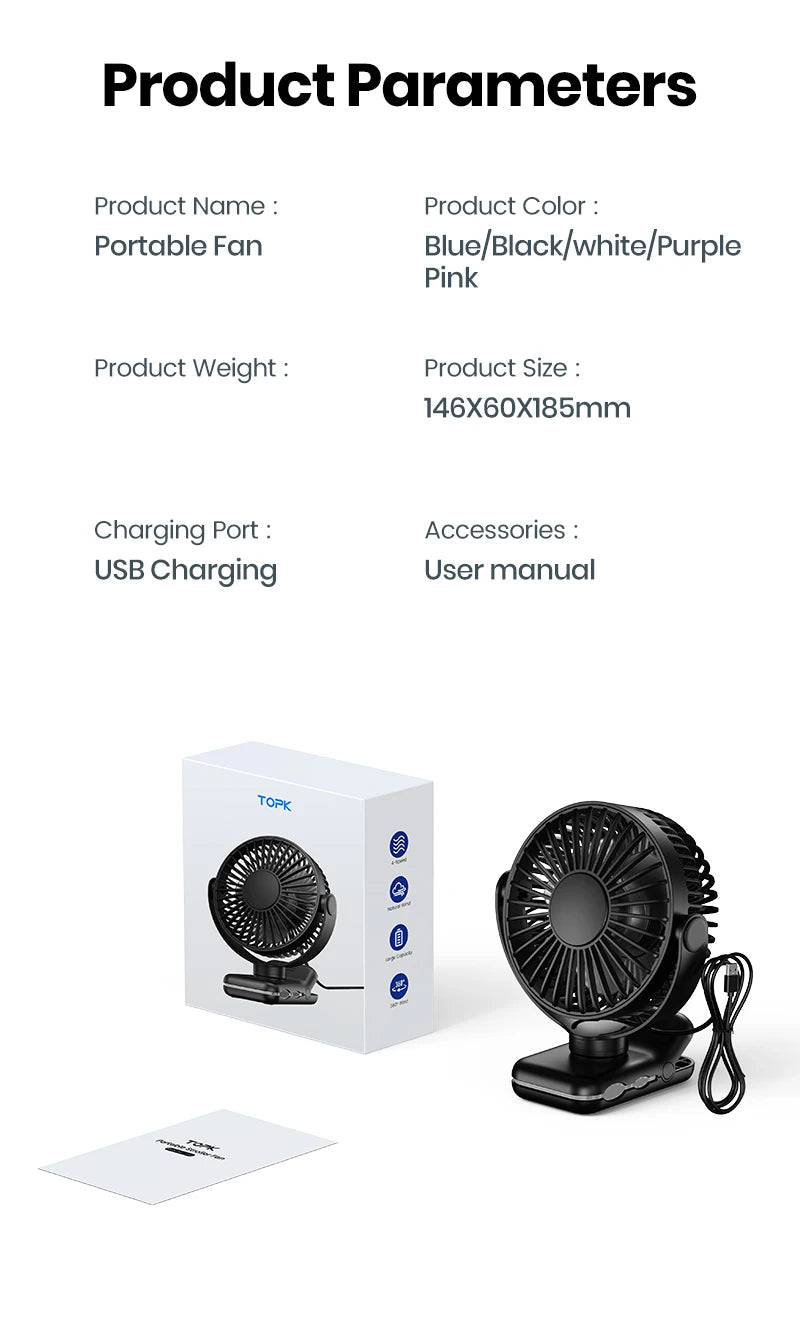 TOPK K62B Small Portable Clip Fan USB Desk Fan with 3 Speeds Strong Airflow, 720° Rotation, Ultra-Quiet, Desk Fans for Home/Offi