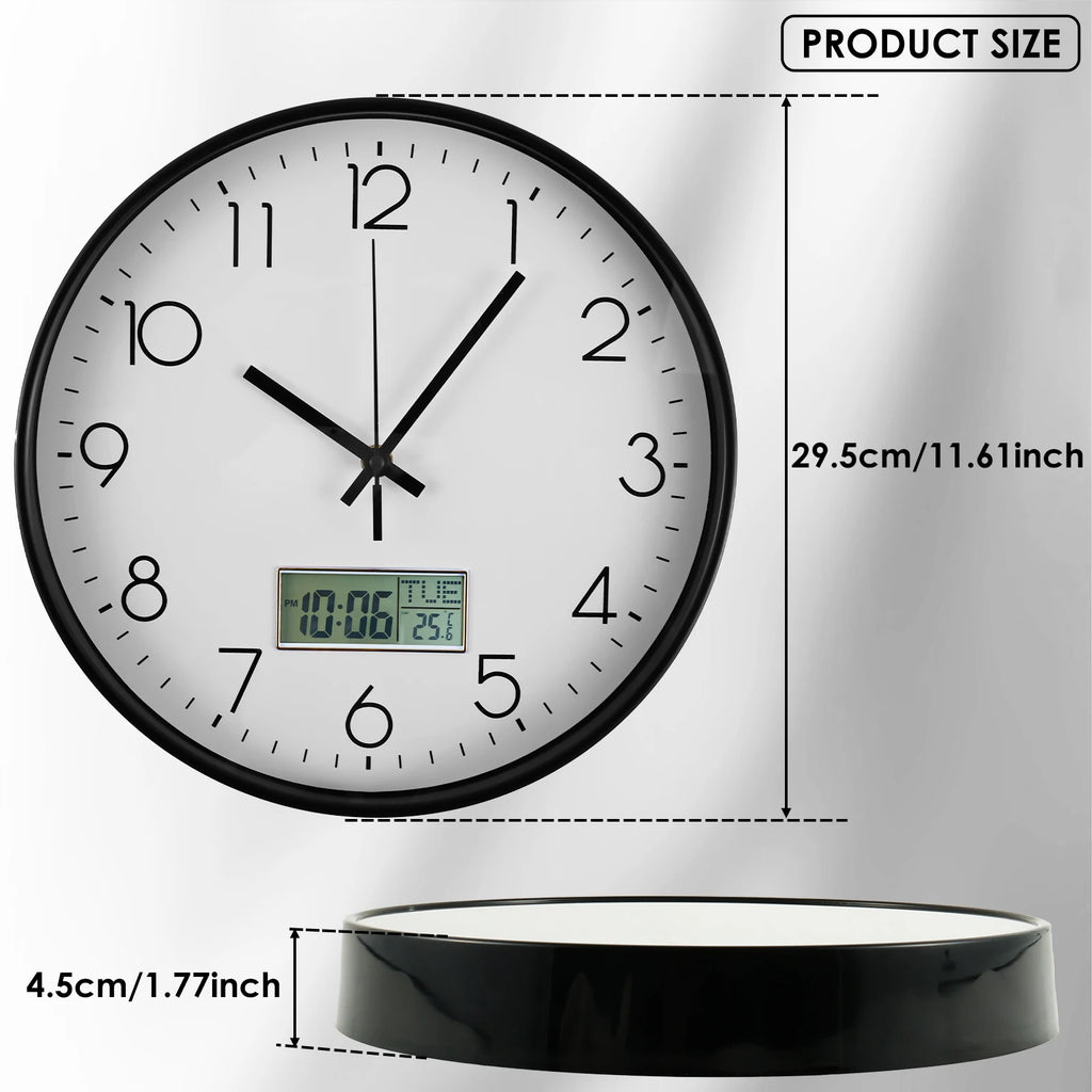 11.6 Inch Round Wall Clocks Battery Operated Wall Clock with Perpetual Calendar and F° Temperature Display for Home Decor