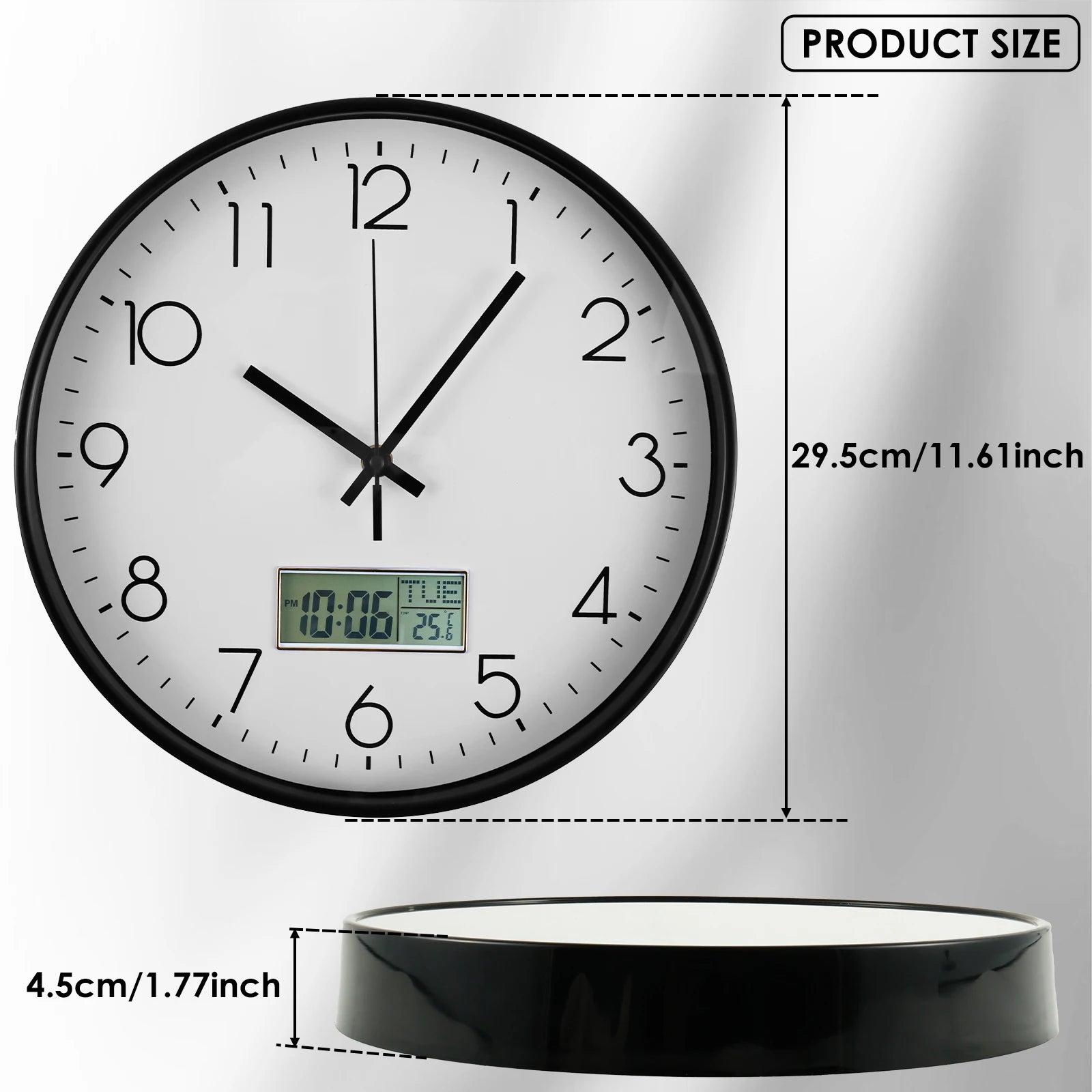 11.6 Inch Round Wall Clocks Battery Operated Wall Clock with Perpetual Calendar and F° Temperature Display for Home Decor