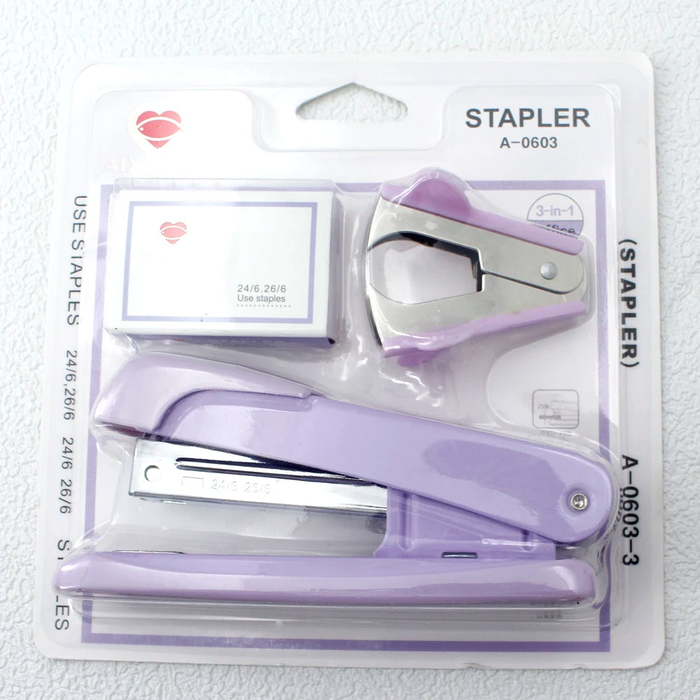 Stapler, staple remover, and staple set - a handy and stylish desktop stapler, perfect for home office use.