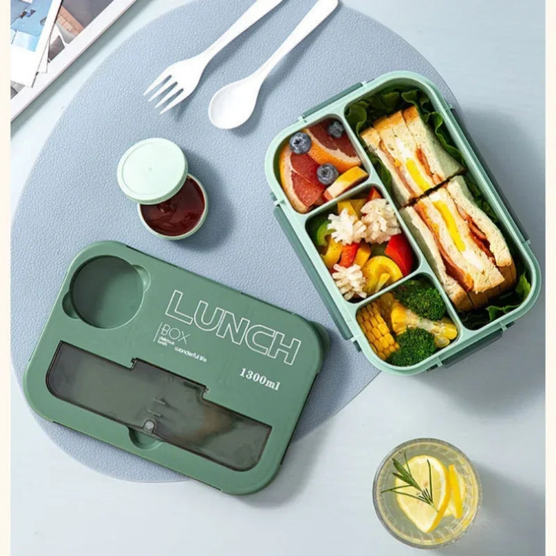 Compartment 1300ML Portable Lunch Box Kids Students Office Bento Box With Fork and Spoon Microwave Food Storage Container