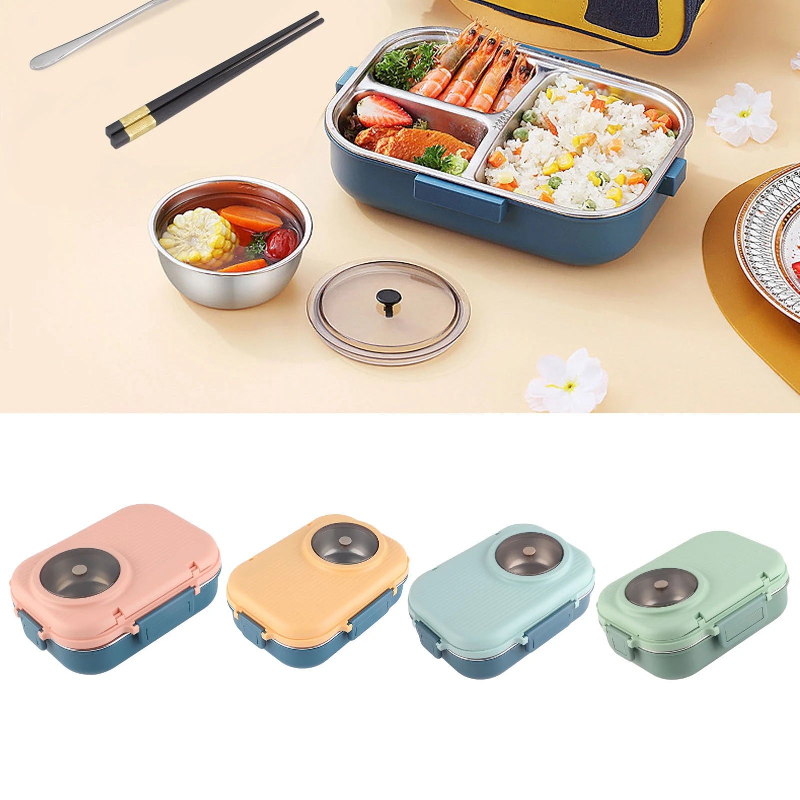 Lunch Box Thermal Lunch Box 1100ml Double Layer 3 Grid Design 304 Stainless Steel  Box with Chopsticks Spoon Soup Bowl