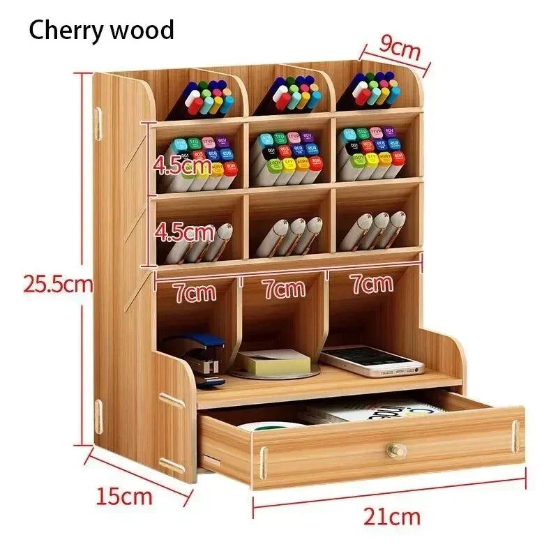 Wooden Desk Organiser DIY Desktop Tidy Pen Holder Large Capacity Stationery Storage Box with Drawer for Home Office and School