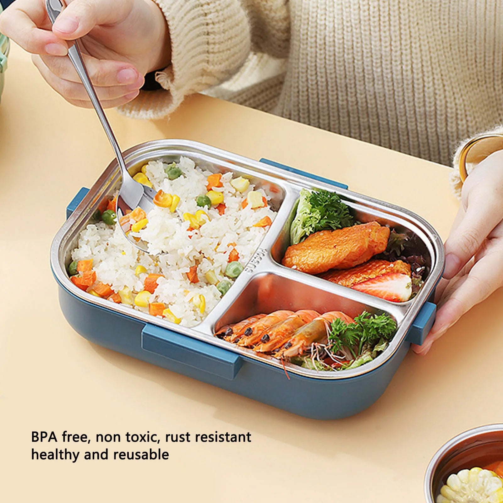 Lunch Box Thermal Lunch Box 1100ml Double Layer 3 Grid Design 304 Stainless Steel  Box with Chopsticks Spoon Soup Bowl