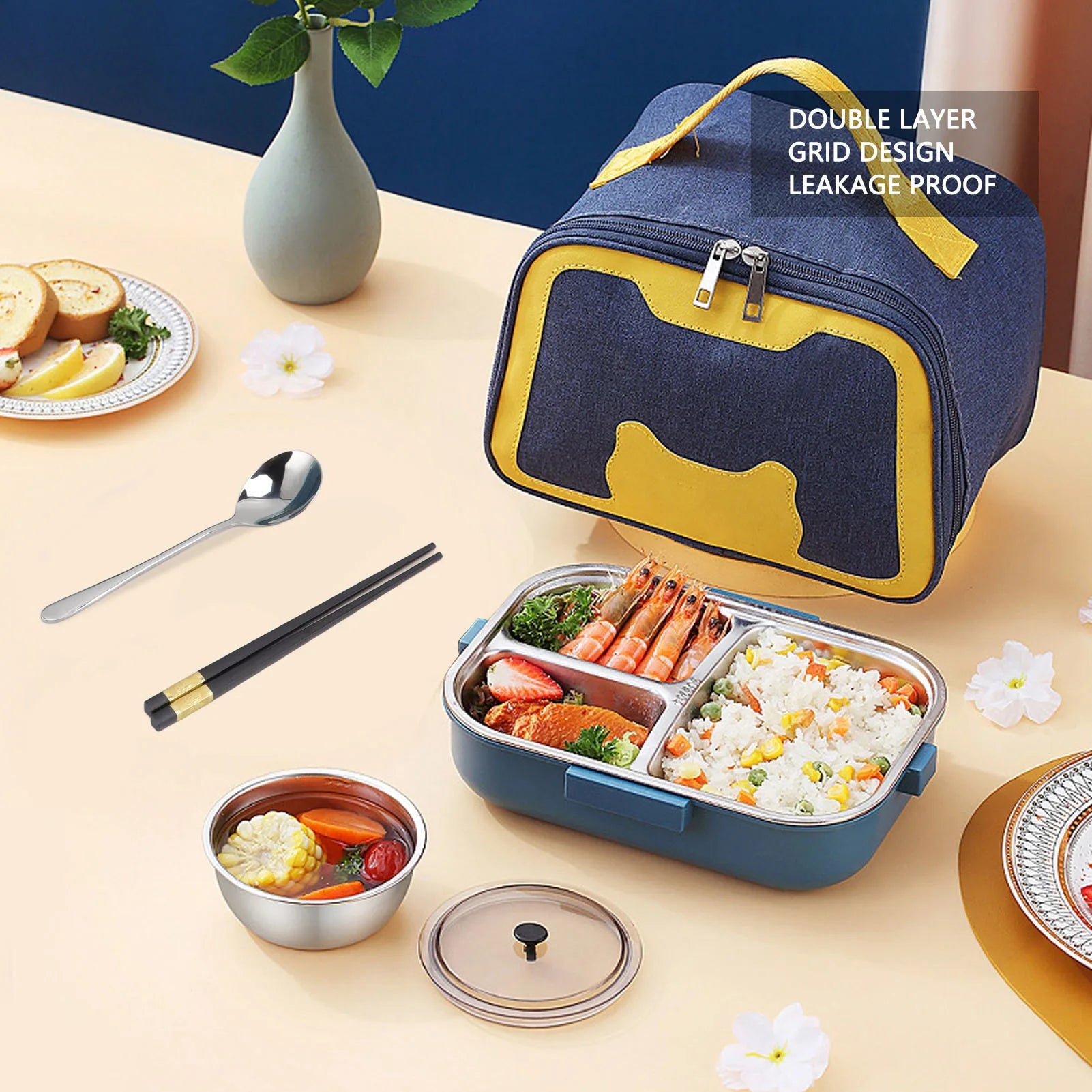 Lunch Box Thermal Lunch Box 1100ml Double Layer 3 Grid Design 304 Stainless Steel  Box with Chopsticks Spoon Soup Bowl