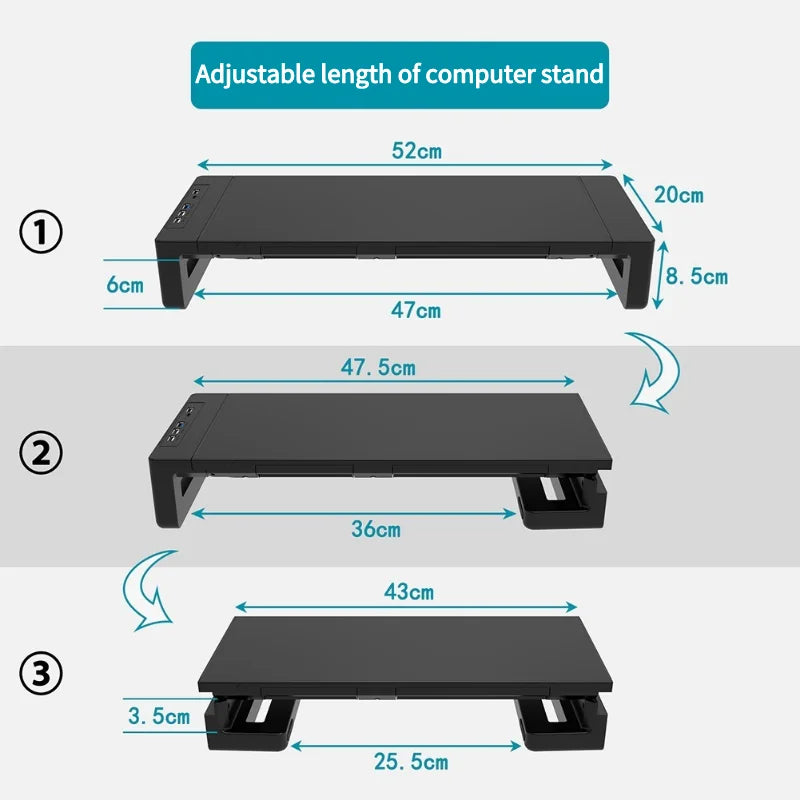 Multifunctional Computer Monitor Stand Riser with RGB Lighting& Fast Charging Interface Height-Adjustable Desk Shelf Riser