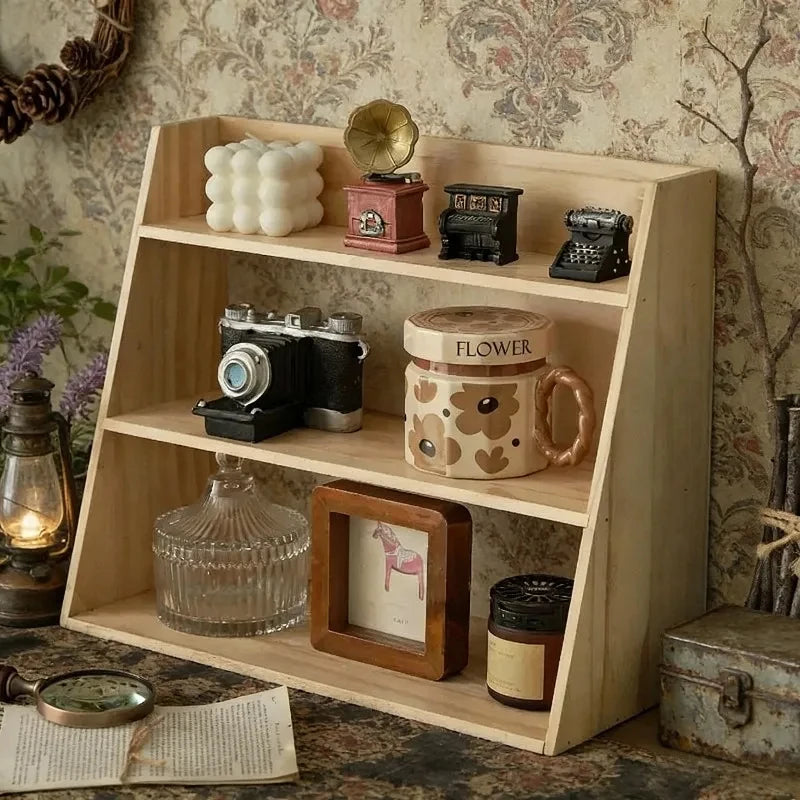 Wooden Desk Organizer Box – Multi-Layer Retro Wood Storage Box for Cosmetics, Office Supplies & Small Items