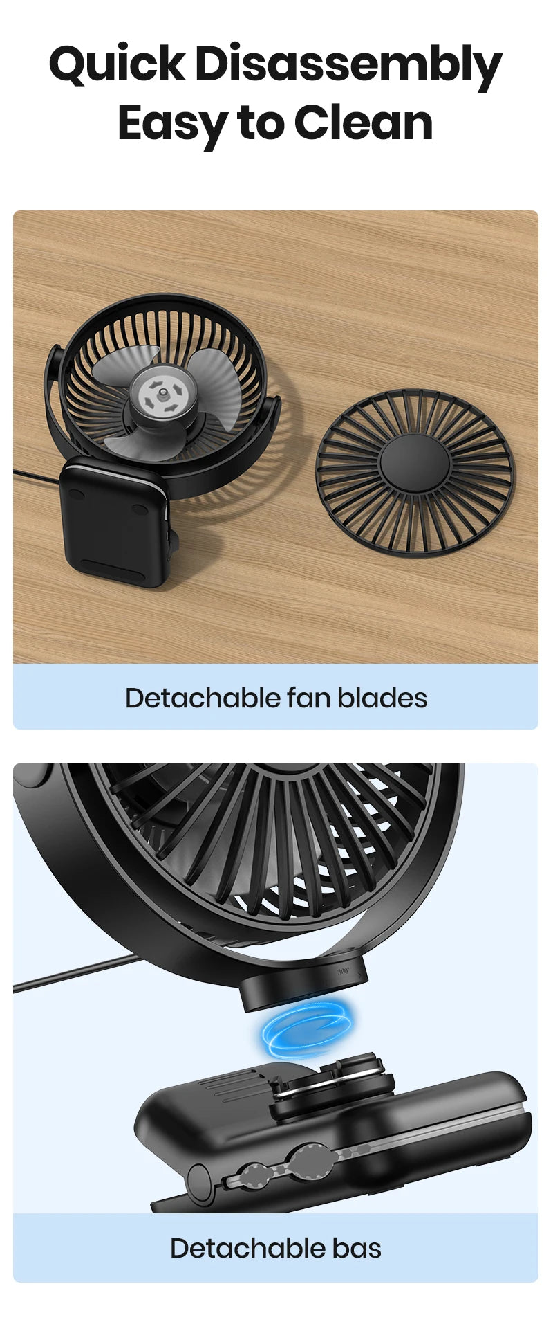TOPK K62B Small Portable Clip Fan USB Desk Fan with 3 Speeds Strong Airflow, 720° Rotation, Ultra-Quiet, Desk Fans for Home/Offi