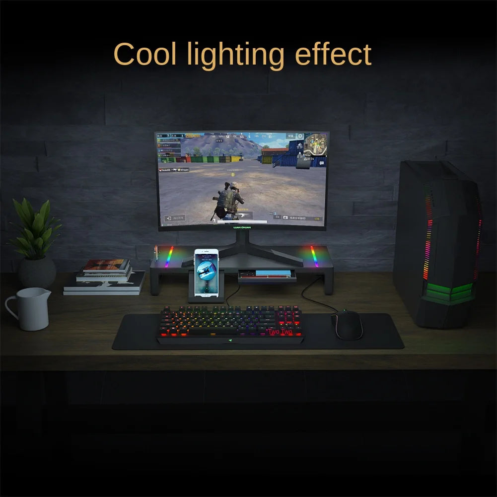 Multifunctional Computer Monitor Stand Riser with RGB Lighting& Fast Charging Interface Height-Adjustable Desk Shelf Riser