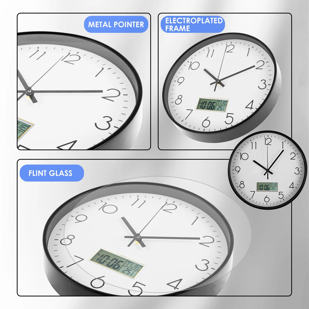 11.6 Inch Round Wall Clocks Battery Operated Wall Clock with Perpetual Calendar and F° Temperature Display for Home Decor