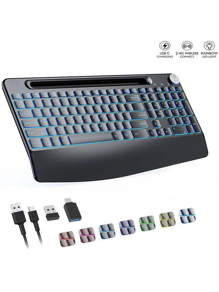 Wireless Keyboard with 7 Colored Backlits, Wrist Rest, Phone Holder, Rechargeable Ergonomic Full Size Keyboard with Silent Keys