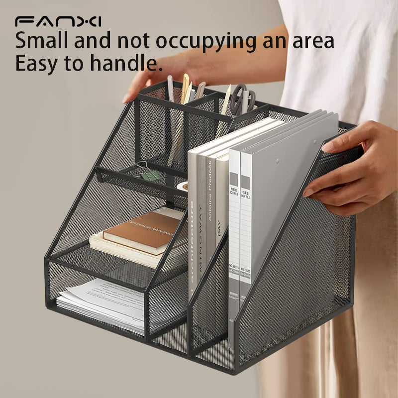 Desk Organizer with File Holder, Desk Organizers with 3 Tier Letter Trays and 2 Pen Holders, Mesh Desk Accessories & Workspace