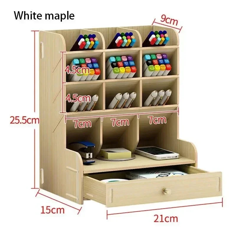 Wooden Desk Organiser DIY Desktop Tidy Pen Holder Large Capacity Stationery Storage Box with Drawer for Home Office and School