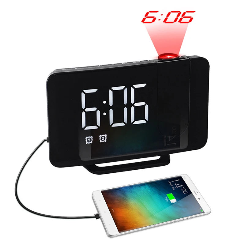 Bedroom Projection Alarm Clock, Digital Clock Radio with Projector, FM Radio, Adjustable Brightness, USB Port, Dual Alarms