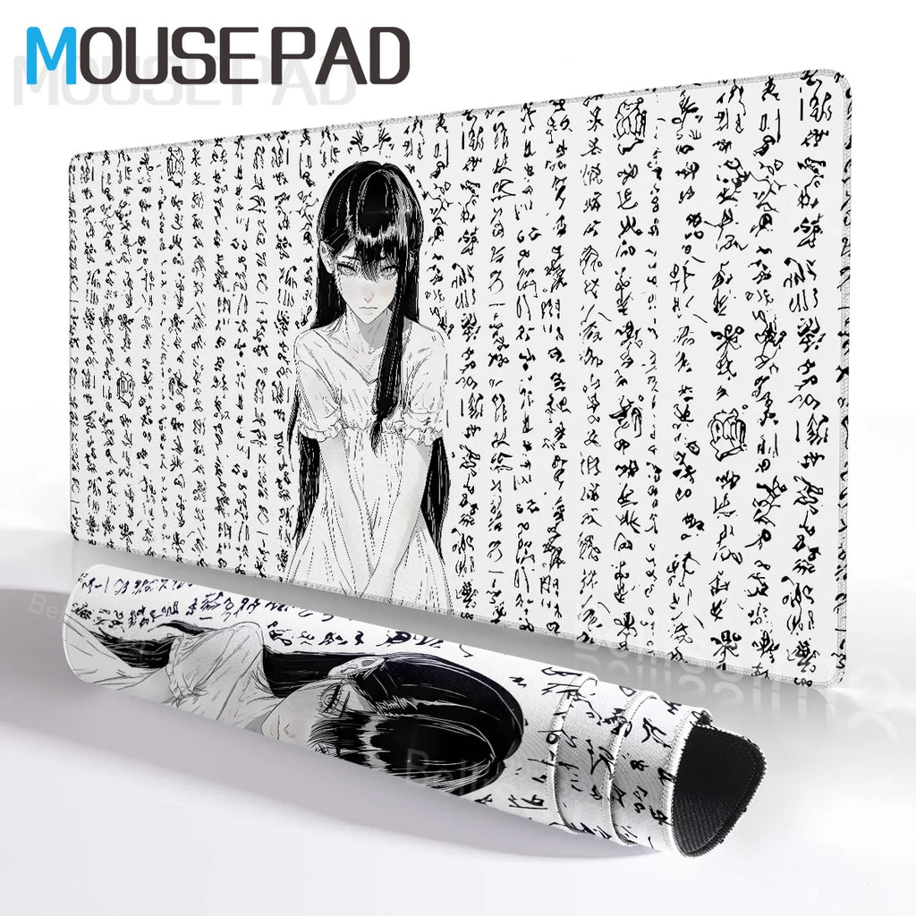 New Black and White Anime Girl Mousepad Large Mouse Pad Office Keyboard Edge Locking Desk Mat PC Gamer Accessories Non-slip Mat