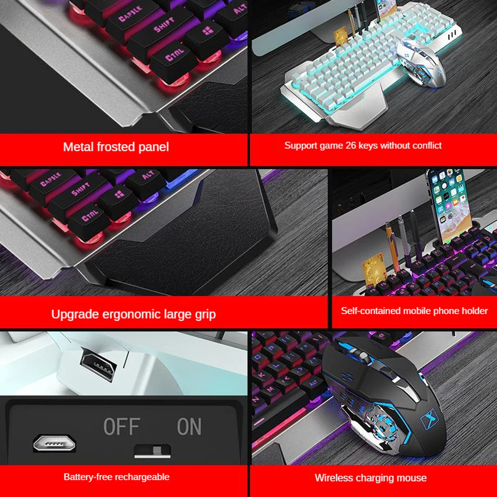 Wireless Gaming Keyboard Mouse with Smartphone Stand Rgb Backlit Metal Panel Bluetooth Gamer Mice Laptop Keyboard Accessories