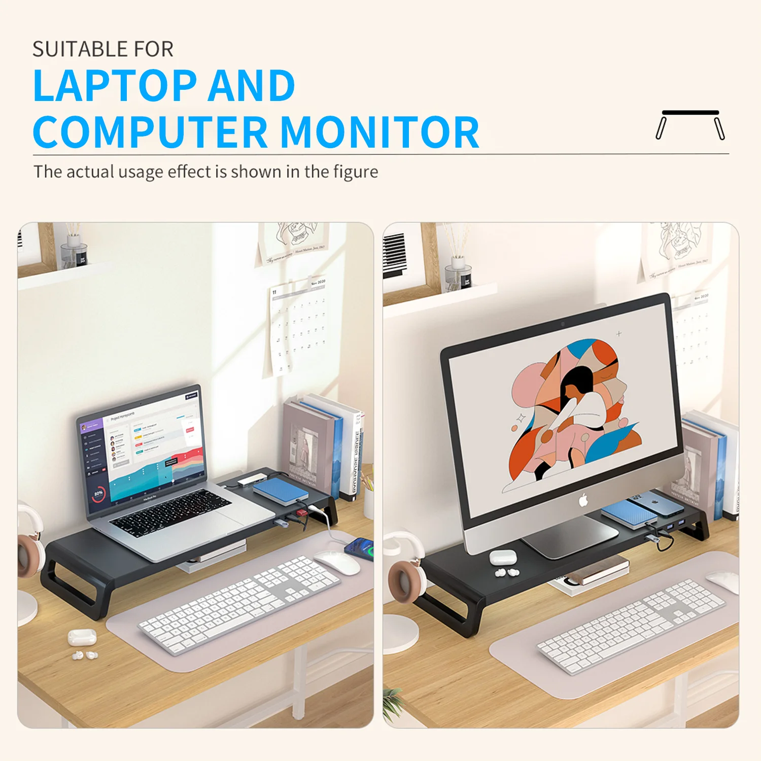 Computer Monitor Stand Riser With 4 USB3.0 Ports ABS Legs Support Data Transfer Desktop Screen Holder With Keyboard Storage