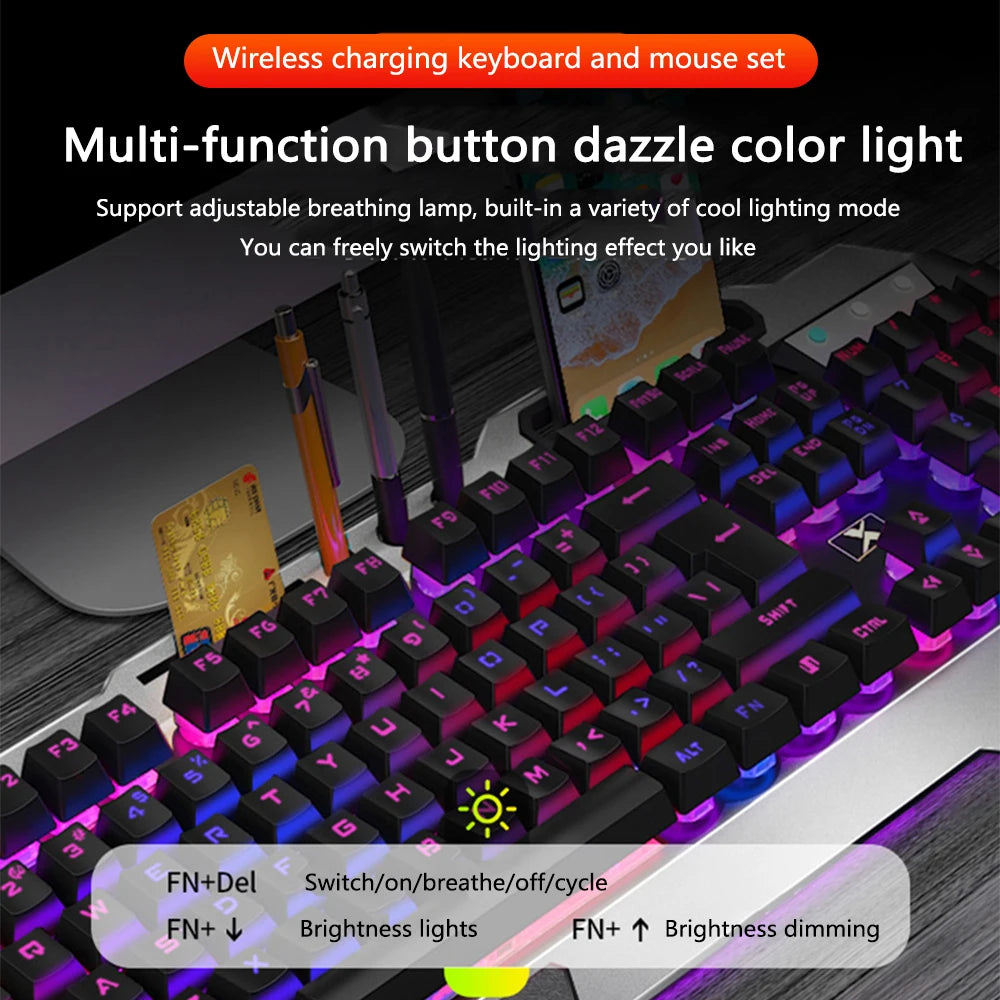 Wireless Gaming Keyboard Mouse with Smartphone Stand Rgb Backlit Metal Panel Bluetooth Gamer Mice Laptop Keyboard Accessories
