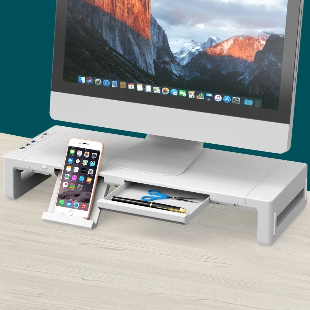 Multifunctional Computer Monitor Stand Riser with RGB Lighting& Fast Charging Interface Height-Adjustable Desk Shelf Riser