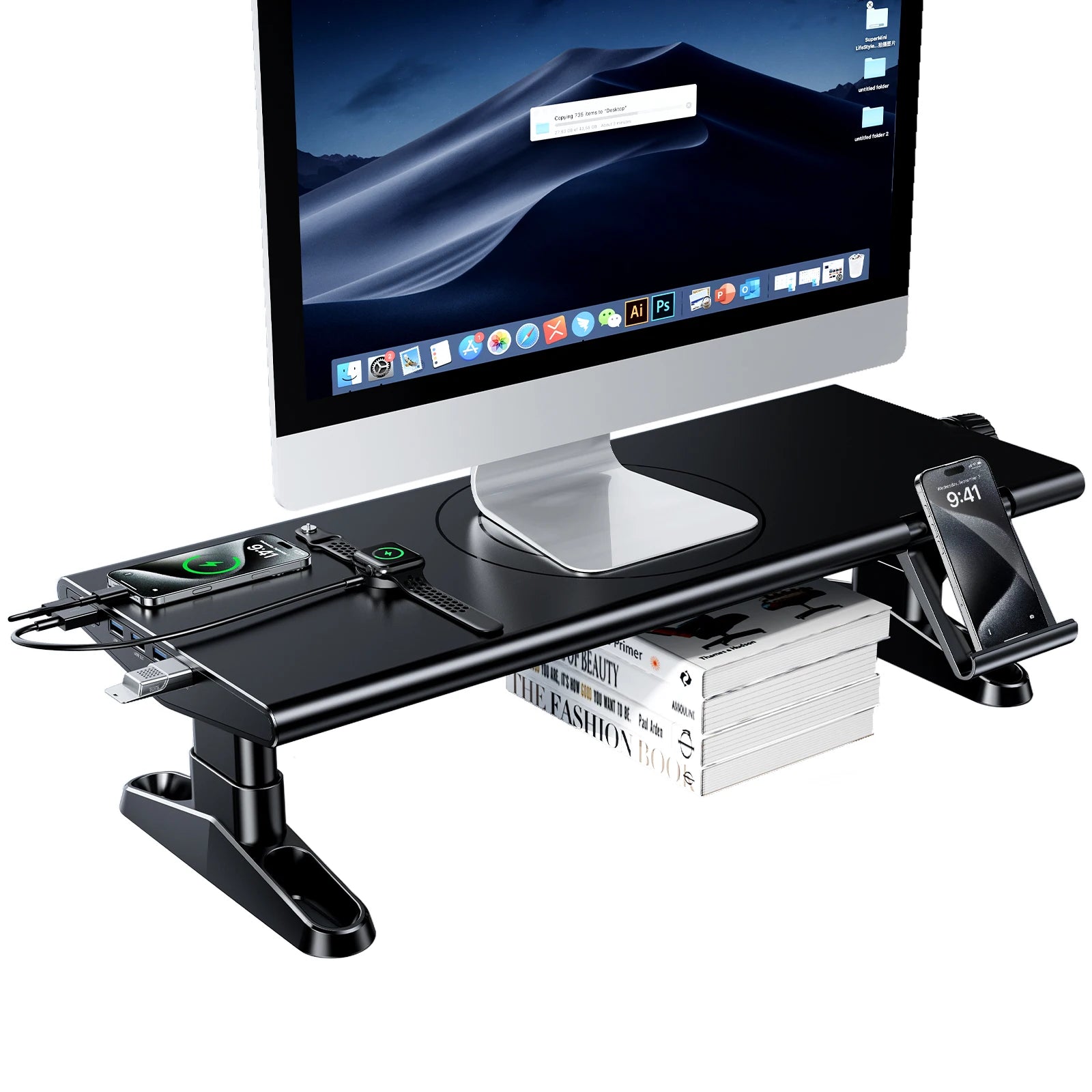Eary Computer Monitor Stand Riser 4.5-6.3" Height Adjustable with Phone Holder with 4-Port USB 3.0 Type-C for Computer Laptop