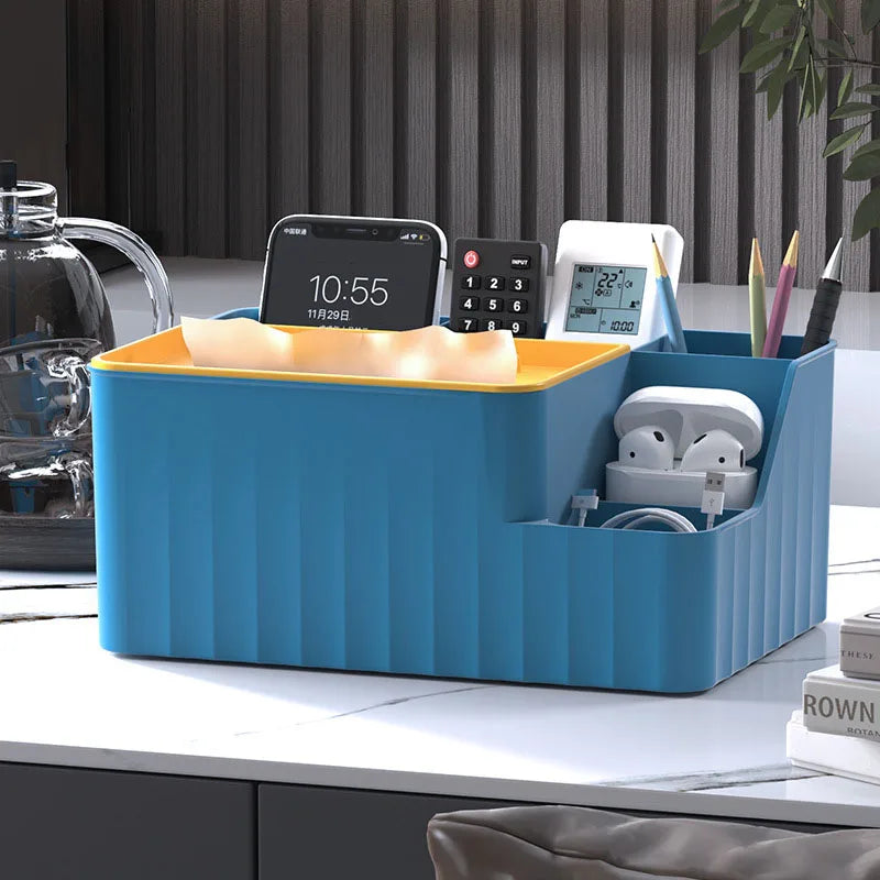 6-Section Desk Organizer - Multifunctional Tissue Box with Remote Holder, Plastic Storage for Living Room, Kitchen & Office