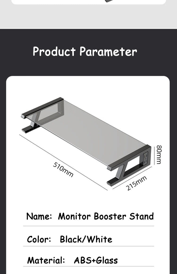 Desk Monitor Stand Riser PC Rack Holder, with 4 USB Ports, Computer Monitor Riser, Desktop Stand and Storage Rack, 20kg Capacity