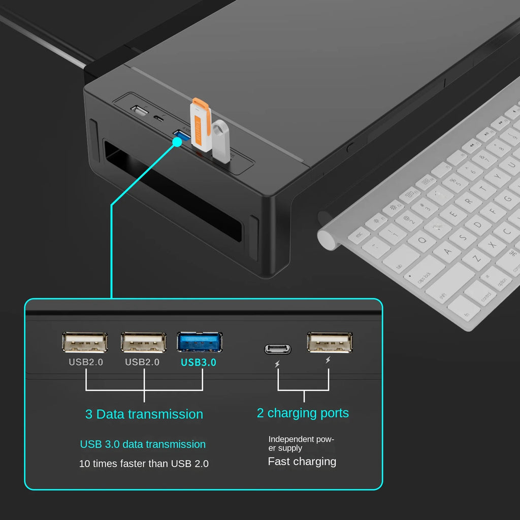 Multifunctional Computer Monitor Stand Riser with RGB Lighting& Fast Charging Interface Height-Adjustable Desk Shelf Riser