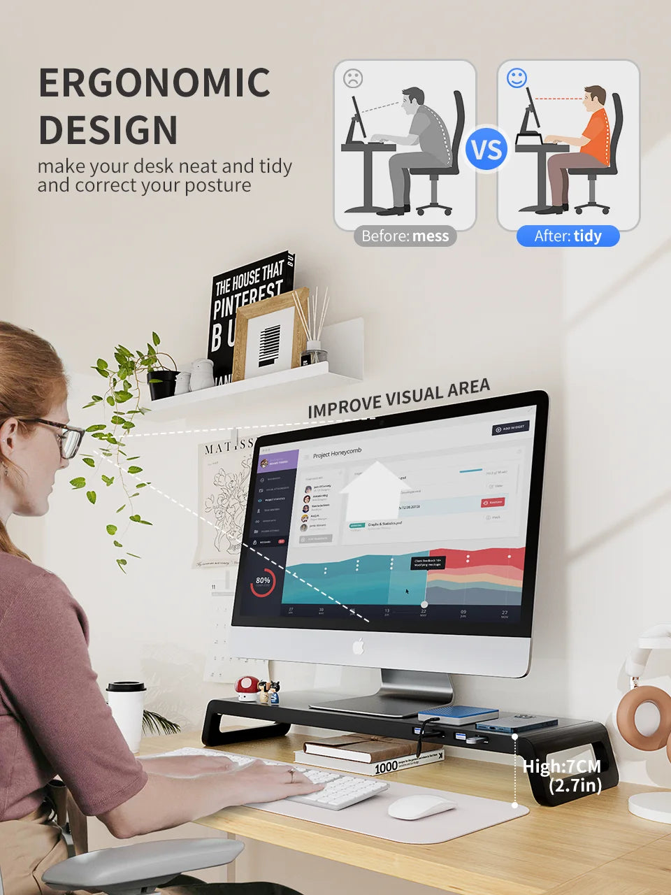 Computer Monitor Stand Riser With 4 USB3.0 Ports ABS Legs Support Data Transfer Desktop Screen Holder With Keyboard Storage