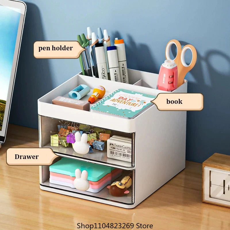 Small Desk Organizer With Drawer, Office Desktop Storage Box Makeup Organizer Business Card/Pen/Pencil/Mobile Phone/Stationery