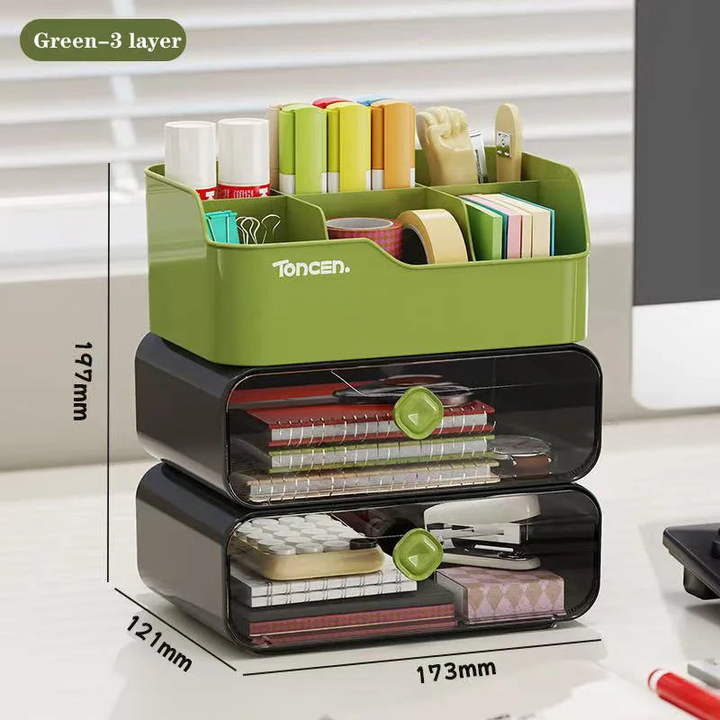3 Layers Desk Organizer With Drawers Multifunctional Office Accessories Storage Box Stationery Desktop School Supplies