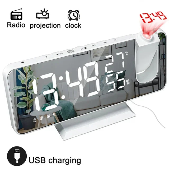 LED Screen Digital USB Wake Up FM Radio Time Projector Clock Week Display Decor with Humidity Table Home Temperature Date Clock
