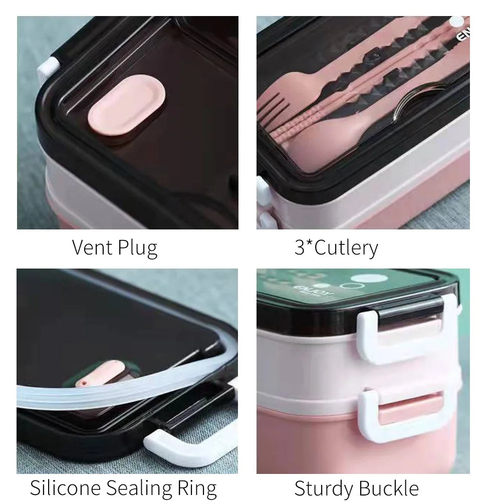 Double-layer Lunch Box 1pc Portable Compartment Food Box Microwave Lunch Box With Fork Chopsticks And Spoon for School office