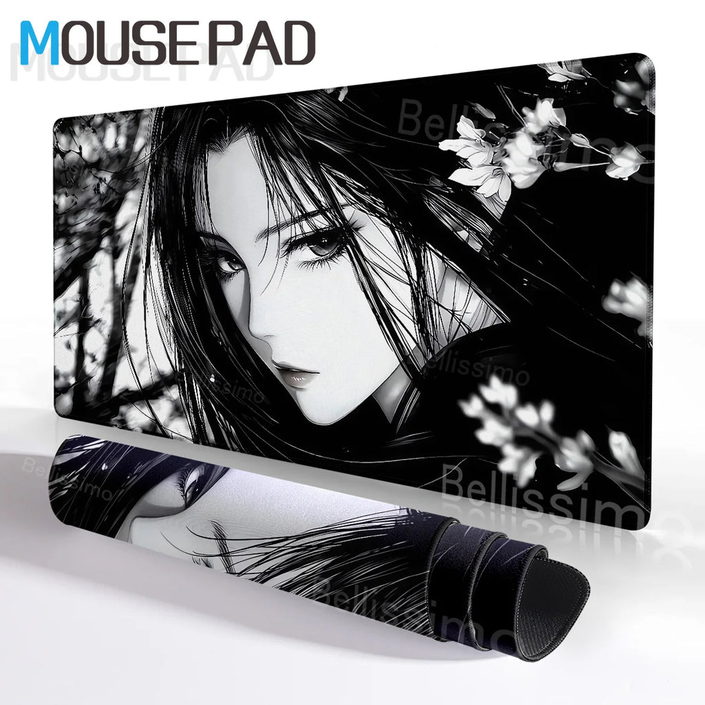 New Black and White Anime Girl Mousepad Large Mouse Pad Office Keyboard Edge Locking Desk Mat PC Gamer Accessories Non-slip Mat
