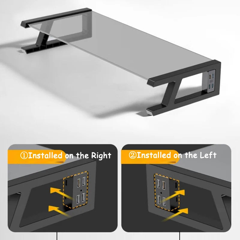 Desk Monitor Stand Riser PC Rack Holder, with 4 USB Ports, Computer Monitor Riser, Desktop Stand and Storage Rack, 20kg Capacity