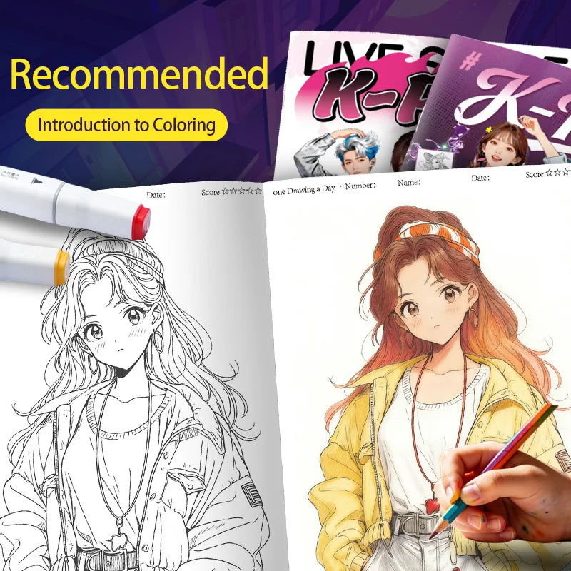 K-Pop Coloring Book for Girl Cute Idol Characters & Fashion Outfits |   Fun Coloring Activity for K-Pop Fans & Teens