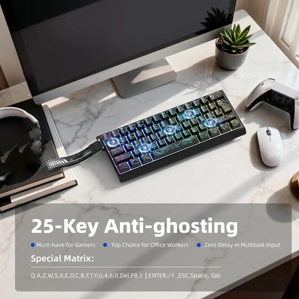 Wireless Keyboard 61 Key Triple Mode 2.4G USB Bluetooth with RGB Backlit Ribbon 60 Percent Portable for Gaming Rechargeable