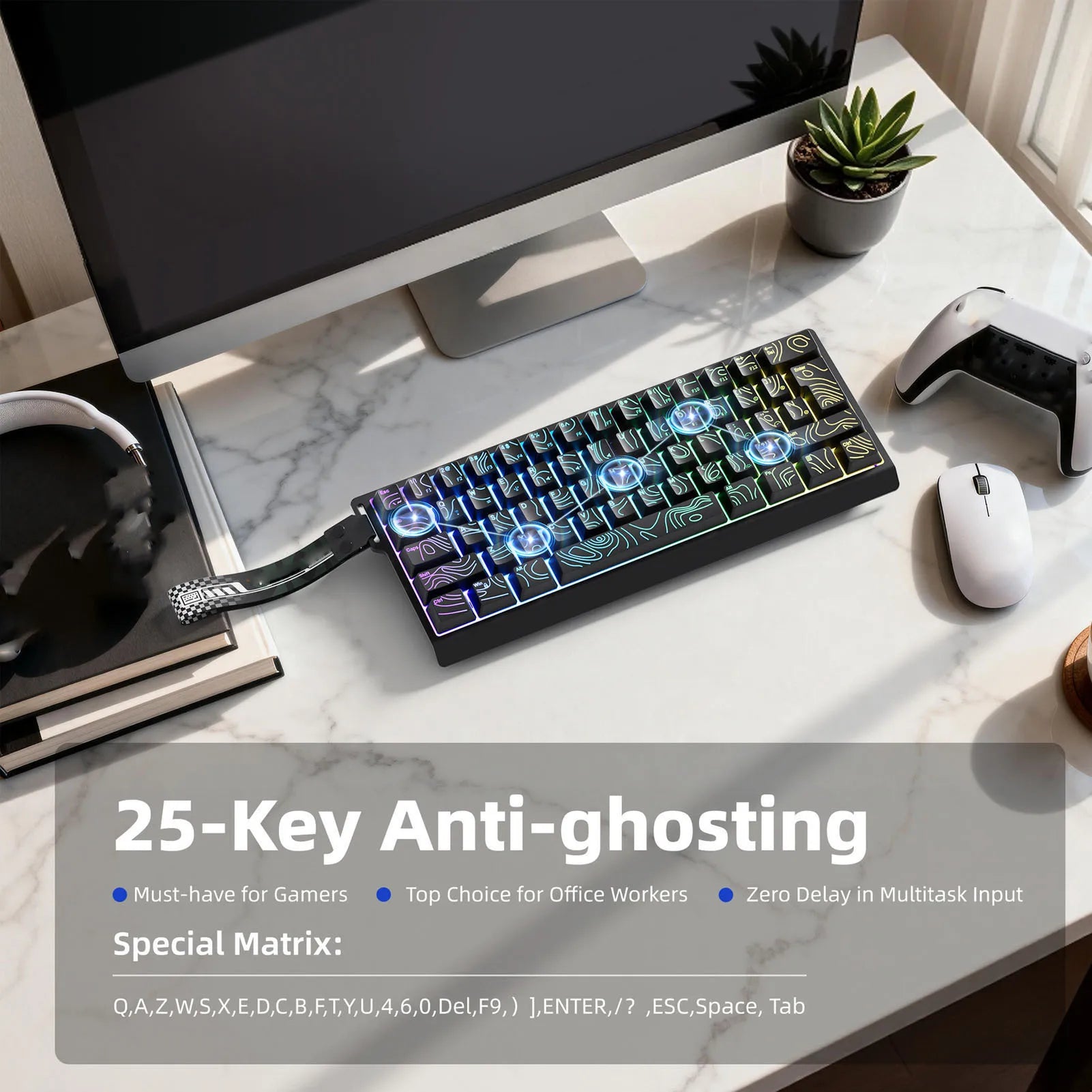 Wireless Keyboard 61 Key Triple Mode 2.4G USB Bluetooth with RGB Backlit Ribbon 60 Percent Portable for Gaming Rechargeable