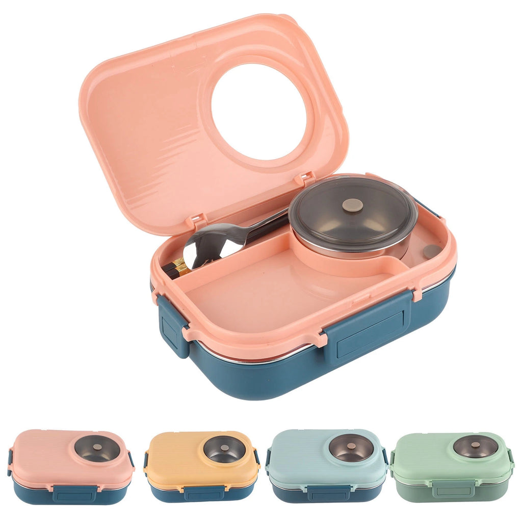 Lunch Box Thermal Lunch Box 1100ml Double Layer 3 Grid Design 304 Stainless Steel  Box with Chopsticks Spoon Soup Bowl