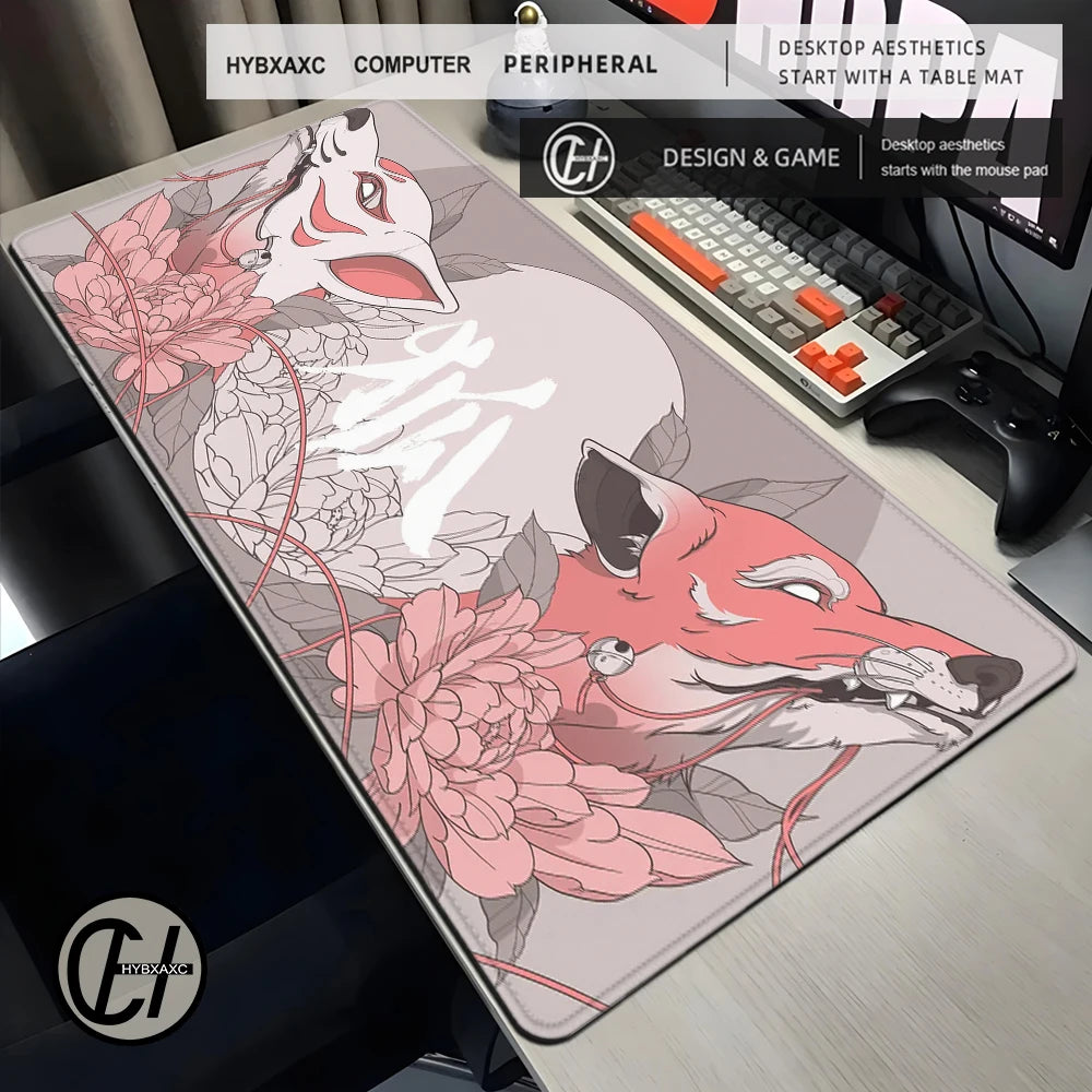 Pastel Art Mousepad Gaming Accessories Office Gamer Keyboard Cute Animal Desk Mat Non-Slip Laptop Large Custom Pink Fox Mousepad