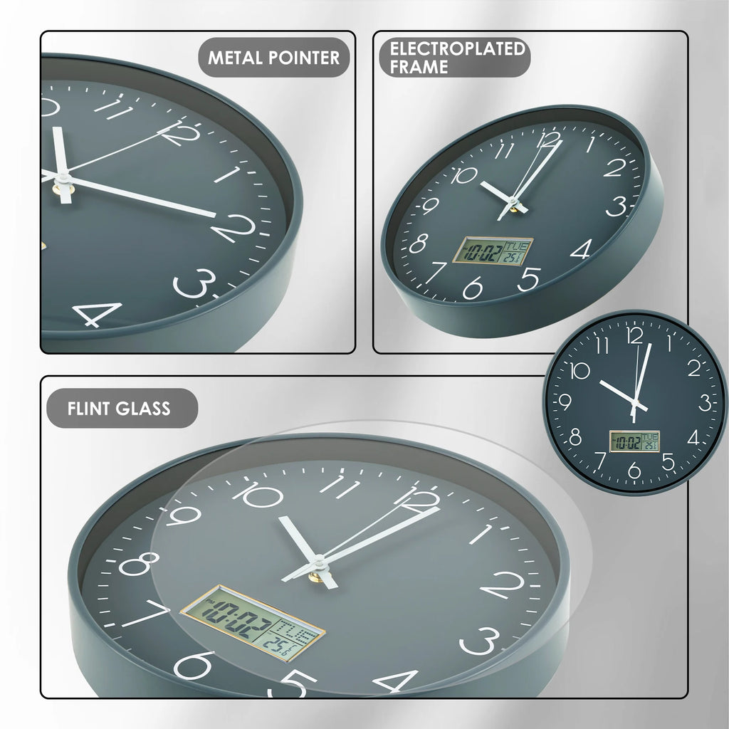 11.6 Inch Round Wall Clocks Battery Operated Wall Clock with Perpetual Calendar and F° Temperature Display for Home Decor