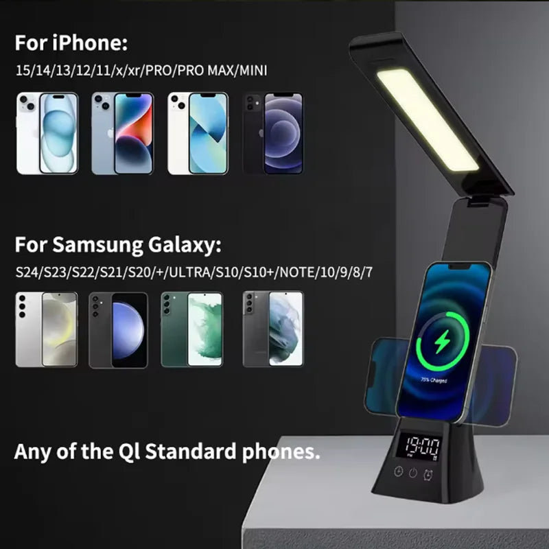 15W Wireless Charger Stand LED Desk Table Lamp With Alarm Clock 3 Colors Dimmable Desk Light Fast Charging Station for iPhone